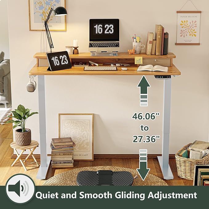 FEZIBO 40 x 24 Inch Height Adjustable Electric Standing Desk with Double Drawer, Stand Up Desk with Storage Shelf, Sit Stand Desk, Light Rustic - LeafyLoom