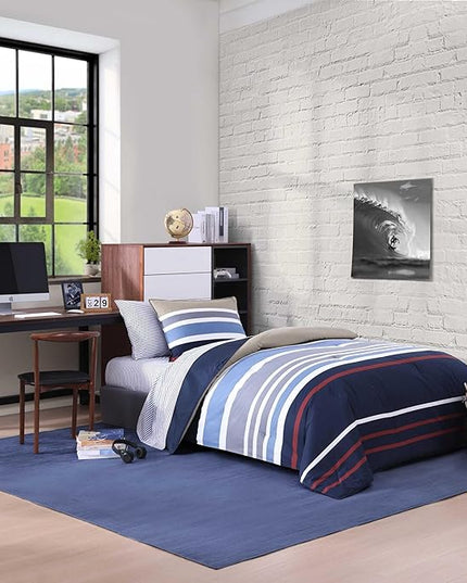 Nautica - Twin Comforter Set, Cotton Reversible Bedding with Matching Sham, Stylish Home Decor, Dorm Room Essentials (Bradford Navy/Khaki, Twin) - LeafyLoom