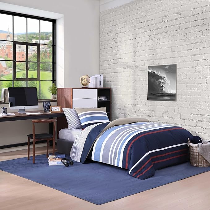 Nautica - Twin Comforter Set, Cotton Reversible Bedding with Matching Sham, Stylish Home Decor, Dorm Room Essentials (Bradford Navy/Khaki, Twin) - LeafyLoom