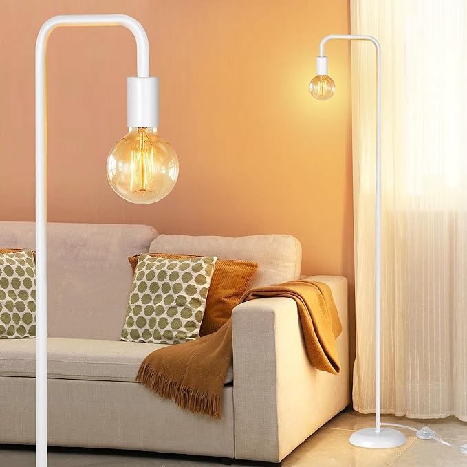 QiMH Industrial Floor Lamp for Living Room, Farmhouse Metal Standing Lamp, Modern Tall Lamp Light for Bedroom Office Minimalist Home Decor(E26 Socket, Foot Switch), White - LeafyLoom