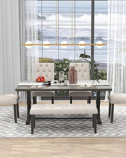 Farmhouse Rectangular 72" Wood, 4 Upholstered Chairs with Bench, Easy to Assemble, for Living, Guest Room, Home Bar and Kitchen, 6 Piece Dining Table Set, Gray 14 - LeafyLoom