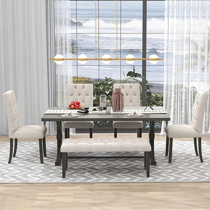 Farmhouse Rectangular 72" Wood, 4 Upholstered Chairs with Bench, Easy to Assemble, for Living, Guest Room, Home Bar and Kitchen, 6 Piece Dining Table Set, Gray 14 - LeafyLoom