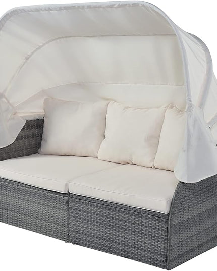 Rectangle Furniture Daybed Sunbed with Retractable Canopy, Outdoor Wicker Conversation Set with Cushions for Patio, Backyard, Porch, Garden, Hc-Beige - LeafyLoom