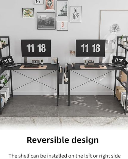 Treesland 55 Inch Computer Desk with Storage Shelves, L Shaped Desk with Storage, Corner Desk with Storage, Home Office Desks, Bookshelf Desk, Writing Study Desk for Bedroom, Black - LeafyLoom