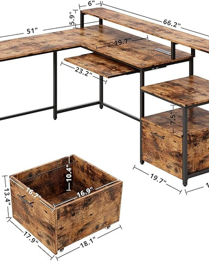 IRONCK L Shaped Computer Desk, 66" Corner Desk with Power Outlet, File Drawer, Keyboard Tray, Riser Monitor Shelf and Storage Bag, Study Writing Table Workstation for Home Office, Vintage Brown - LeafyLoom
