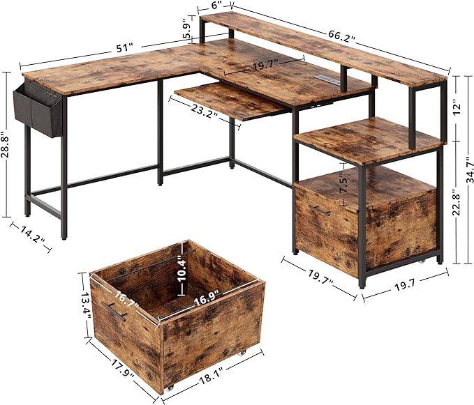 IRONCK L Shaped Computer Desk, 66" Corner Desk with Power Outlet, File Drawer, Keyboard Tray, Riser Monitor Shelf and Storage Bag, Study Writing Table Workstation for Home Office, Vintage Brown - LeafyLoom