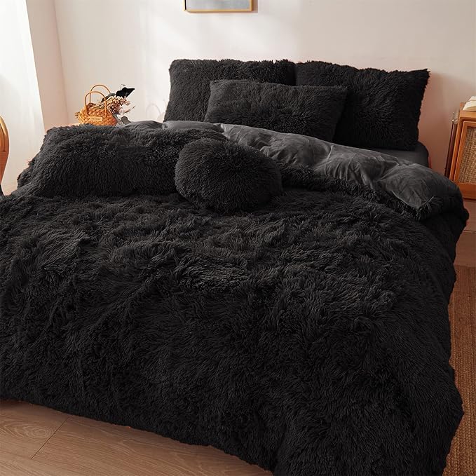 Ultra Soft Black Faux Fur 3 Piece Queen Comforter Set - Plush Fluffy Bedding With Duvet Cover and 2 Pillowcases - LeafyLoom