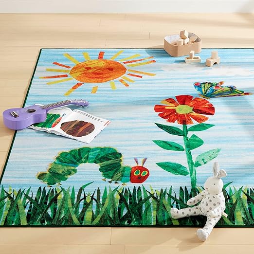 Eric Carle Home Dynamix The Very Hungry Caterpillar Elementary Sun Scene Kids Machine Washable Area Rug, Blue/Green, 35"x51" - LeafyLoom
