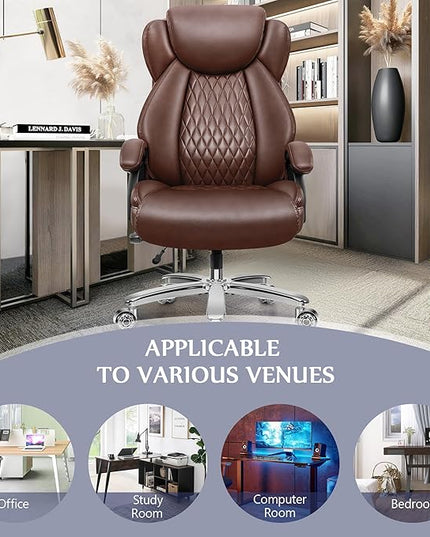 Big and Tall Office Chair 500lbs, Large High Back Executive Desk Chair with Extra Wide Seat, Heavy Duty Metal Base & Wheels, Ergonomic PU Leather Chair with Adjustable Lumbar Support, Brown - LeafyLoom