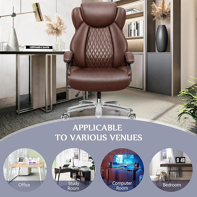 Big and Tall Office Chair 500lbs, Large High Back Executive Desk Chair with Extra Wide Seat, Heavy Duty Metal Base & Wheels, Ergonomic PU Leather Chair with Adjustable Lumbar Support, Brown - LeafyLoom