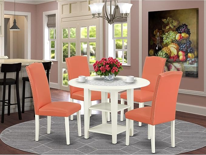 East West Furniture SUEN5-LWH-78 5 Piece Kitchen Table Set Includes a Round Dining Room Table with Dropleaf & Shelves and 4 Pink Flamingo Faux Leather Parsons Chairs, 42x42 Inch, Linen White - LeafyLoom