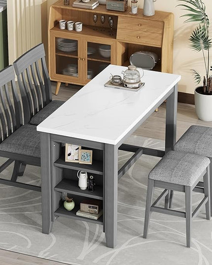 5-Piece Wooden Counter Height Dining Table Set with Faux Marble Veneer and Built-in Storage Shelves, 2 Upholstered Chairs and 2 Barstools, for Kitchen, Breakfast Nook, Bar, Living Room, Gray - LeafyLoom