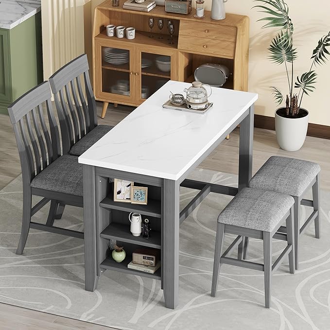 5-Piece Wooden Counter Height Dining Table Set with Faux Marble Veneer and Built-in Storage Shelves, 2 Upholstered Chairs and 2 Barstools, for Kitchen, Breakfast Nook, Bar, Living Room, Gray - LeafyLoom