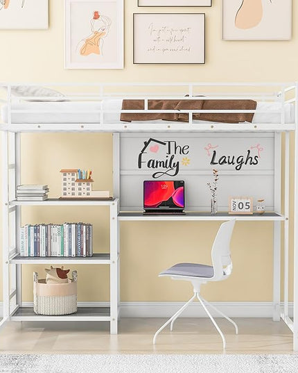 RITSU Twin Size Loft Bed, Heavy Duty Metal Bedframe with Desk and Whiteboard, 3 Big Shelves The Storage Space, Sturdy Construction, for Children's Room, Teens, White - LeafyLoom