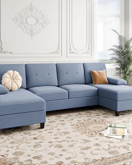 Shintenchi Sectional Couches for Living Room, U Shaped Sofa Couch with Double Chaise, 4-Seat Living Room Furniture Sets with Soft Cushion & Linen Fabric, Blue - LeafyLoom