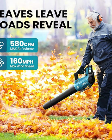 Leaf Blower Cordless, 580CFM/160MPH & 3 Speed Levels, Electric Cordless Leaf Blower with 2 * 4.0Ah Battery Powered, Blowers for Lawn Care, Blower with Extension Nozzle - LeafyLoom