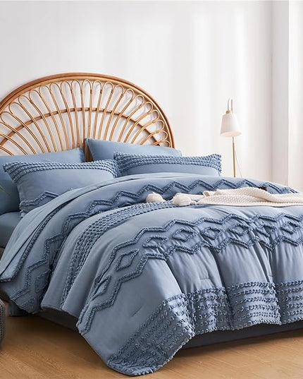 KAKIJUMN Blue Tufted 7-Piece Queen Comforter Set, Shabby Chic Boho Comforter and Sheet Set, All Season Soft Microfiber Complete Bedding Set - LeafyLoom