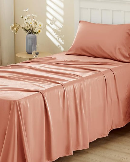Bedsure Twin XL Sheet Set Dorm Bedding, Cooling Sheets Twin Extra Long Sheets, Rayon Derived from Bamboo, Deep Pocket Up to 16", Hotel Luxury Silky Bedding Sheets & Pillowcases, Coral - LeafyLoom