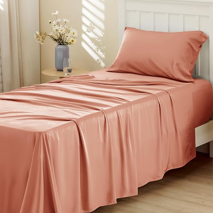 Bedsure Twin XL Sheet Set Dorm Bedding, Cooling Sheets Twin Extra Long Sheets, Rayon Derived from Bamboo, Deep Pocket Up to 16", Hotel Luxury Silky Bedding Sheets & Pillowcases, Coral - LeafyLoom