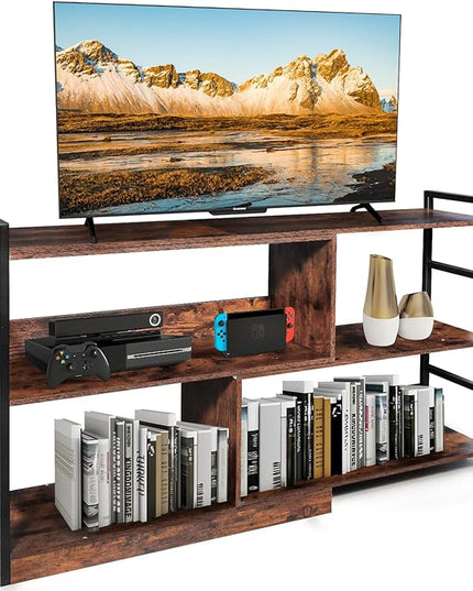 TV Stand Entertainment Center, Modern Deformable Television Stand with Open Storage Shelves, Media TV Console Table for 55 Inch TV, Wooden TV Cabinet for Living Room and Bedroom - LeafyLoom