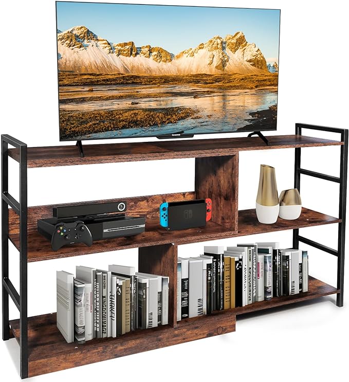 TV Stand Entertainment Center, Modern Deformable Television Stand with Open Storage Shelves, Media TV Console Table for 55 Inch TV, Wooden TV Cabinet for Living Room and Bedroom - LeafyLoom