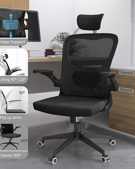 Black Office Chair, Ergonomic Office Chair, Home Office Desk Chair for Big and Tall People, Computer Chair with Adjustable Headrest, Lumbar Support, Flip-Up Arms, PU Wheels - LeafyLoom