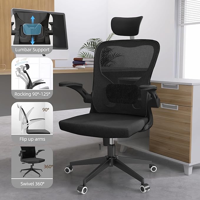Black Office Chair, Ergonomic Office Chair, Home Office Desk Chair for Big and Tall People, Computer Chair with Adjustable Headrest, Lumbar Support, Flip-Up Arms, PU Wheels - LeafyLoom