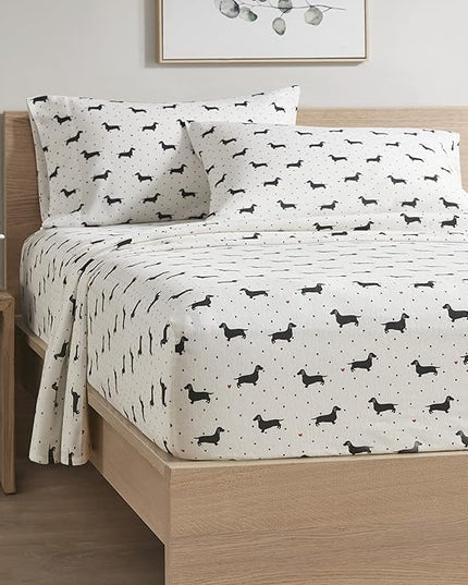 Comfort Spaces Cotton Flannel Breathable Warm, Deep Pocket Sheets with Pillow Case Bedding, Queen, Black Dog 4 Piece - LeafyLoom