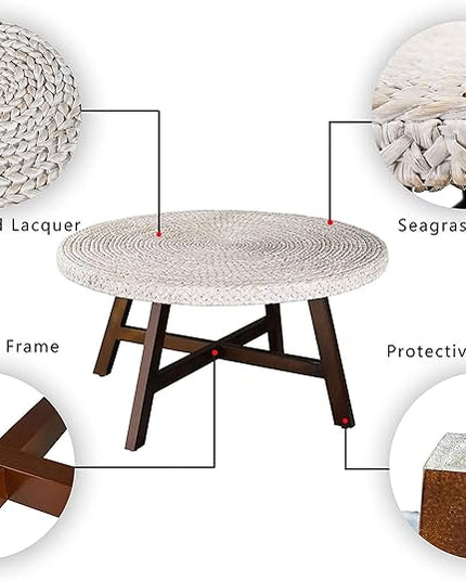 Round Coffee Table,RANDEFURN Seagrass Coffee Tables,Pine Wood X Base Frame Cocktail Table, Easy Assembled, Multiple Sizes for Living Room, Solid Wood Table,32 x 17 Inches,Whitewash - LeafyLoom