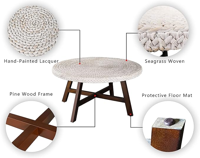 Round Coffee Table,RANDEFURN Seagrass Coffee Tables,Pine Wood X Base Frame Cocktail Table, Easy Assembled, Multiple Sizes for Living Room, Solid Wood Table,32 x 17 Inches,Whitewash - LeafyLoom