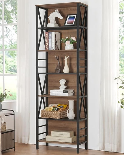 HOMISSUE Bookshelf, 7-Tier Bookshelf, Rustic Wood Metal Bookshelves and Bookcases, Freestanding Open Bookshelf, Industrial Tall Bookcase for Home Office, Living Room and Bedroom, Vintage Brown - LeafyLoom