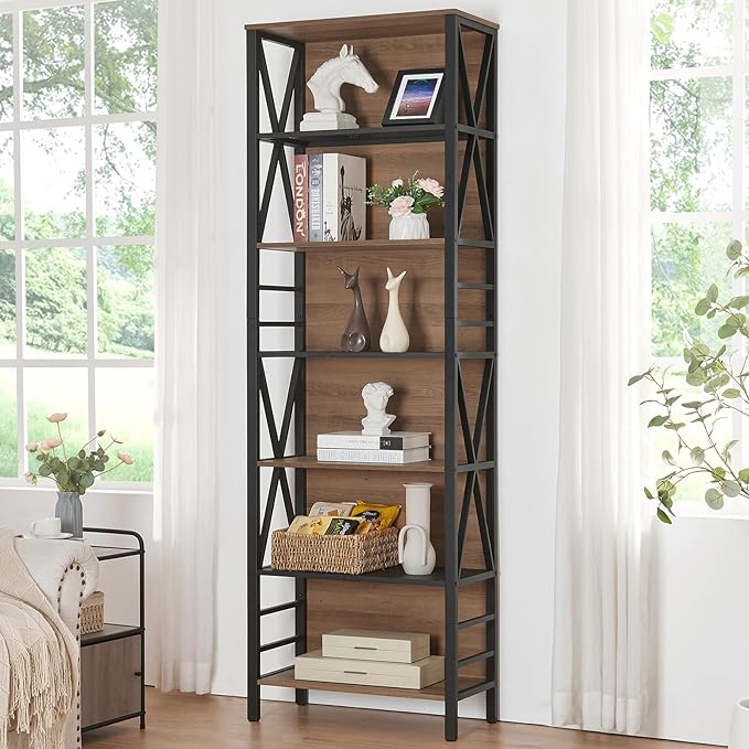 HOMISSUE Bookshelf, 7-Tier Bookshelf, Rustic Wood Metal Bookshelves and Bookcases, Freestanding Open Bookshelf, Industrial Tall Bookcase for Home Office, Living Room and Bedroom, Vintage Brown - LeafyLoom