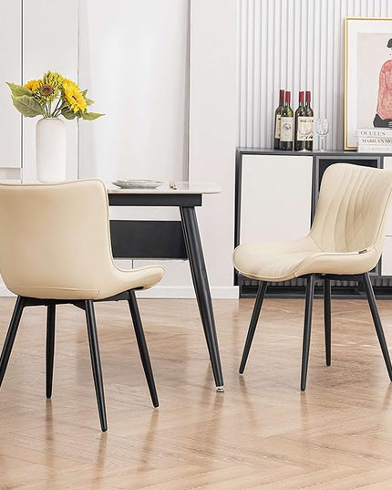 YOUTASTE Dining Chairs Set of 2 Upholstered Mid Century Modern Kitchen Dining Room Chairs Armless Faux Leather Accent Chairs Metal Vanity Lounge Chair with Back for Living Room Bedrooms,Beige - LeafyLoom