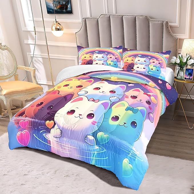 Rainbow Cat Comforter Full Size - Rainbow Cat Bedding for Girls Room Cute Cartoon Rainbow Bedding Full Comforter Sets for Kids, 1 Comforter+2 Pillowcases - LeafyLoom