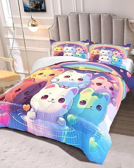 Rainbow Cat Comforter Queen Size - Rainbow Cat Bedding for Girls Room Cute Cartoon Rainbow Bedding Queen Comforter Sets for Kids, 1 Comforter+2 Pillowcases - LeafyLoom
