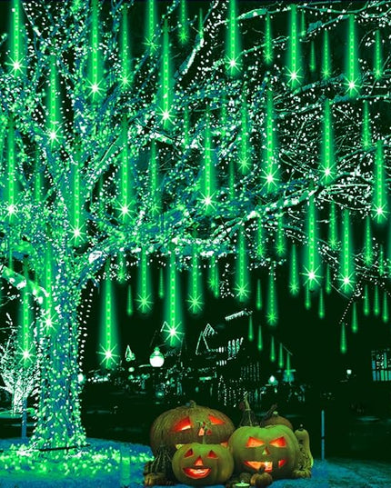 Halloween Lights Outdoor, Meteor Shower Lights Christmas Lights for Halloween Decorations, 8Tube 192LED Snow Falling Rain Icicle String Lights for Xmas Christmas Decor Tree Party,UL Plug Green Weepong