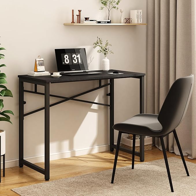 39 Inch Foldable Computer Desk, Folding Space-Saving Home Office Table, Study Writing Gaming Workstation for Small Space, No Assembly Needed,Black - LeafyLoom