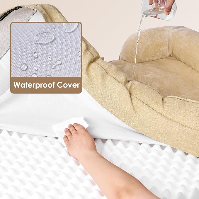 EHEYCIGA Orthopedic Dog Beds for Large Dogs, Waterproof Memory Foam Large Dog Bed with Sides, Non-Slip Bottom and Egg-Crate Foam Large Dog Couch Bed with Washable Removable Cover, Greige EHEYCIGA