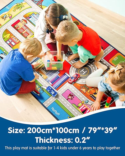 Booooom Jackson Kids Car Carpet Playmat Rug 3.3 x 6.6 ft,Car Mat for Kids Toy Cars,Road Rug,Buildings Parking Helipad Printed on,Kids Car Play Rug,Non-Slip Race Track Rug for Play Room Bedroom - LeafyLoom