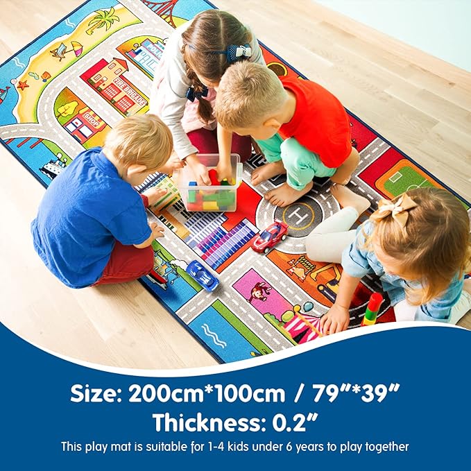 Booooom Jackson Kids Car Carpet Playmat Rug 3.3 x 6.6 ft,Car Mat for Kids Toy Cars,Road Rug,Buildings Parking Helipad Printed on,Kids Car Play Rug,Non-Slip Race Track Rug for Play Room Bedroom - LeafyLoom