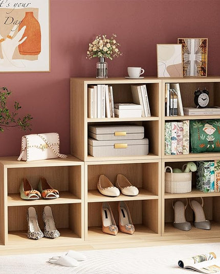Storage Cube 2 Tires Natural Stackable Storage Shelf, Cubby Organizer Wooden Display Shelf Closet Organizer,Modern Cubical Bookcase Compact Storage Cabinet for Living Room Bedroom Office - LeafyLoom