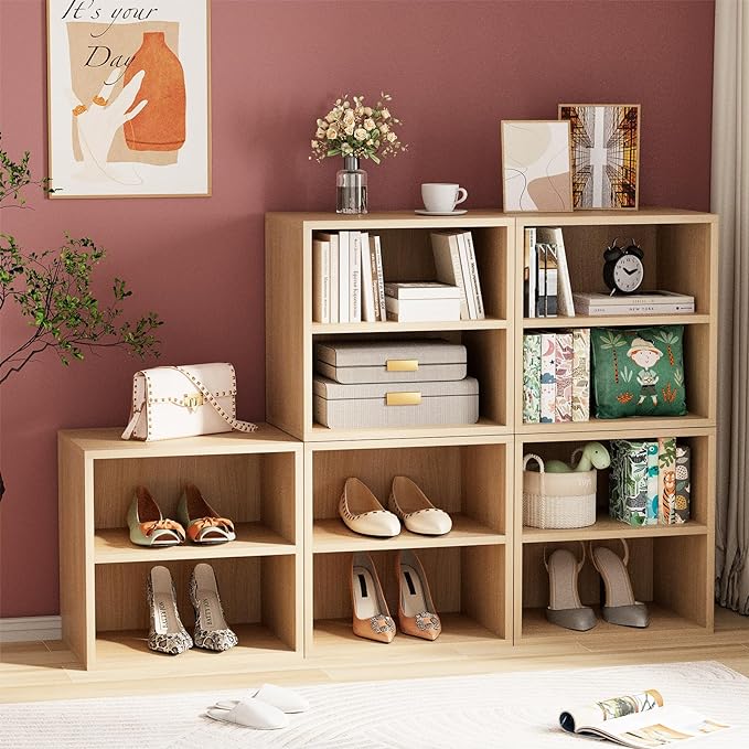 Storage Cube 2 Tires Natural Stackable Storage Shelf, Cubby Organizer Wooden Display Shelf Closet Organizer,Modern Cubical Bookcase Compact Storage Cabinet for Living Room Bedroom Office - LeafyLoom