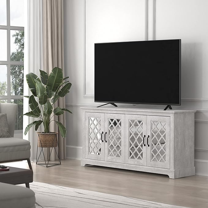 Galano Millicent TV Stand for 65+ Inch TV, Tall Entertainment Center with Mirror Doors, Rustic Media Console with Storage Shelves, Wood Television Stand for Living Room, Dusty Grey Oak - LeafyLoom