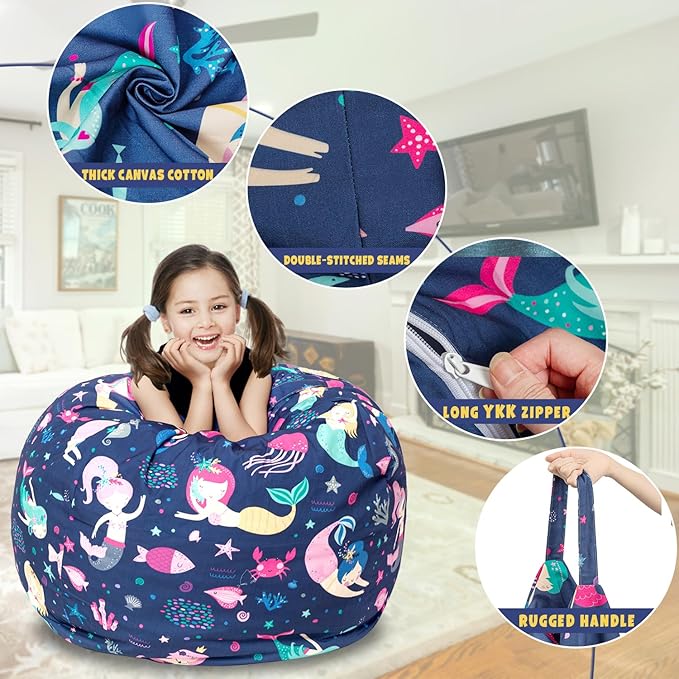 Stuffed Animal Storage Bean Bag Chair Cover, Hold Kids Plush Toys Blankets Towels Beanbag (Cover Only), Canvas Floor Circle Stuff Sit Seat Sofa with YKK Zipper, Extra Large 38", Mermaid - LeafyLoom