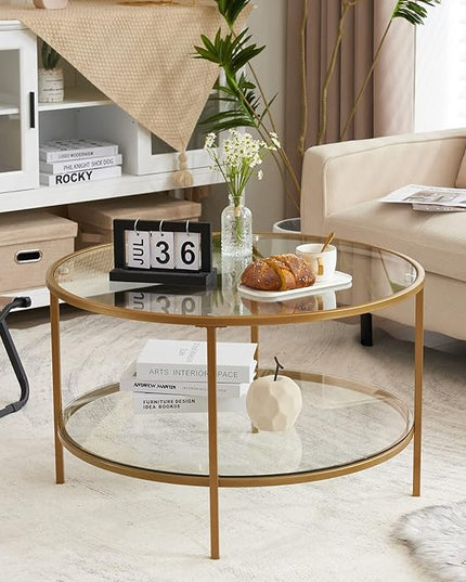 VINGLI Glass Coffee Table,30" Round Coffee Table Gold Coffee Tables for Living Room,2-Tier Glass Top Coffee Table with Storage Clear Coffee Table,Simple & Modern Center Table Mesa de Centro Para Sala - LeafyLoom