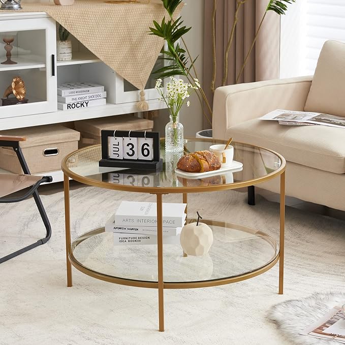 VINGLI Glass Coffee Table,30" Round Coffee Table Gold Coffee Tables for Living Room,2-Tier Glass Top Coffee Table with Storage Clear Coffee Table,Simple & Modern Center Table Mesa de Centro Para Sala - LeafyLoom