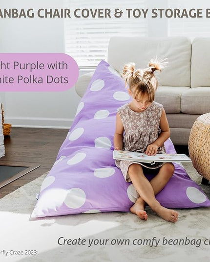 Butterfly Craze Bean Bag Chair Cover, Functional Toddler Toy Organizer, Fill with Stuffed Animals to Create a Jumbo, Comfy Floor Lounger for Boys or Girls, Stuffing Not Included, Purple Polka Dots - LeafyLoom