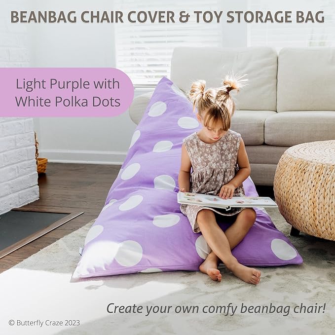 Butterfly Craze Bean Bag Chair Cover, Functional Toddler Toy Organizer, Fill with Stuffed Animals to Create a Jumbo, Comfy Floor Lounger for Boys or Girls, Stuffing Not Included, Purple Polka Dots - LeafyLoom