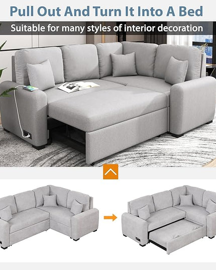 87.4" L-Shape Sectional Sleeper Sofa with Chaise &Pull-out Bed, Chenille Upholstered Couch w/USB Ports, Power Sockets and 3 Pillows, for Living Room, Apartment, 87.4 Inch, Gray - LeafyLoom