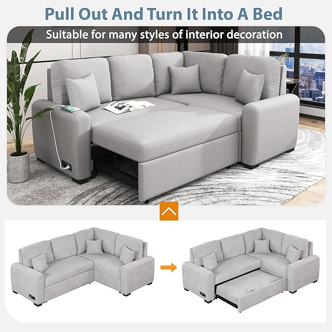 87.4" L-Shape Sectional Sleeper Sofa with Chaise &Pull-out Bed, Chenille Upholstered Couch w/USB Ports, Power Sockets and 3 Pillows, for Living Room, Apartment, 87.4 Inch, Gray - LeafyLoom